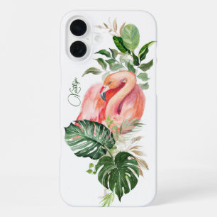 Exotic Pink Flamingo Tropical Watercolor and Name iPhone 16 Plus Case