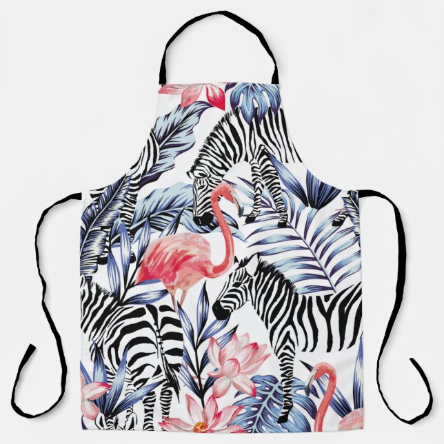 Exotic pink flamingo, zebra on background summer b apron (Front)