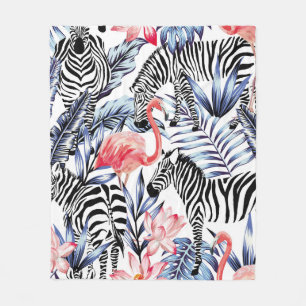 Exotic pink flamingo, zebra on background summer b fleece blanket
