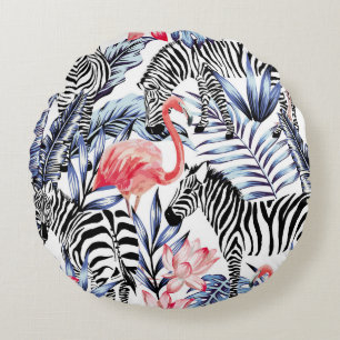 Exotic pink flamingo, zebra on background summer b round cushion