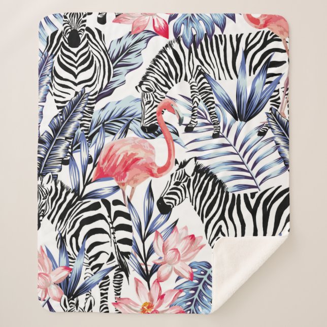 Exotic pink flamingo, zebra on background summer b sherpa blanket (Front)