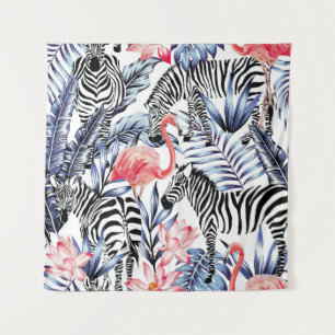 Exotic pink flamingo, zebra on background summer b tapestry