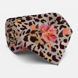 Exotic Pink Floral on Leopard Animal Print Tie