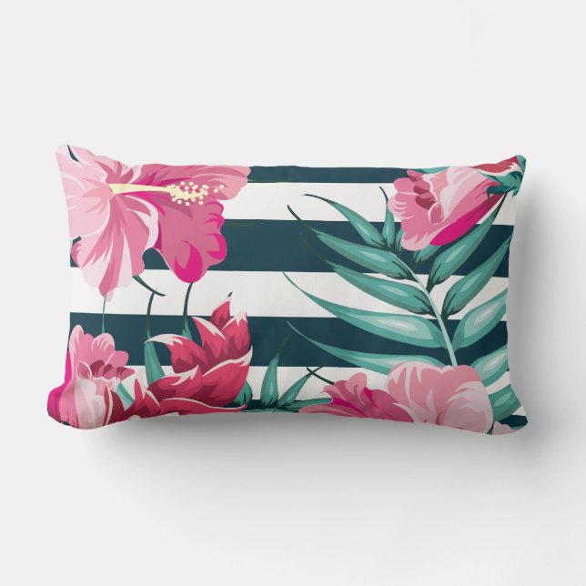 Exotic Pink Flowers striped Lumbar Cushion (Front)