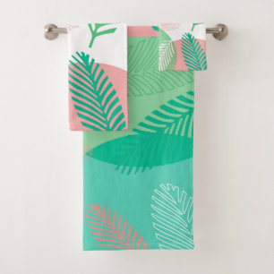 Exotic Pink Green Palm Leaves Pattern  Bath Towel Set