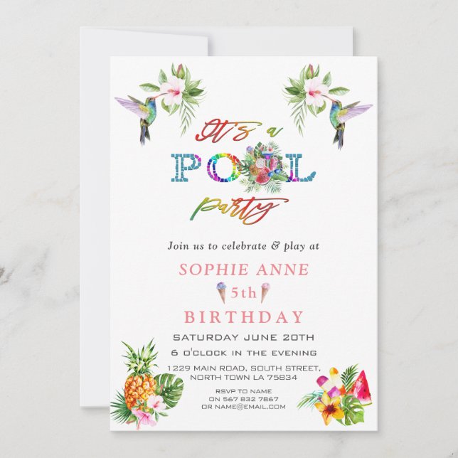 Exotic Pink Hibiscus Hummingbirds 5th Birthday Invitation (Front)