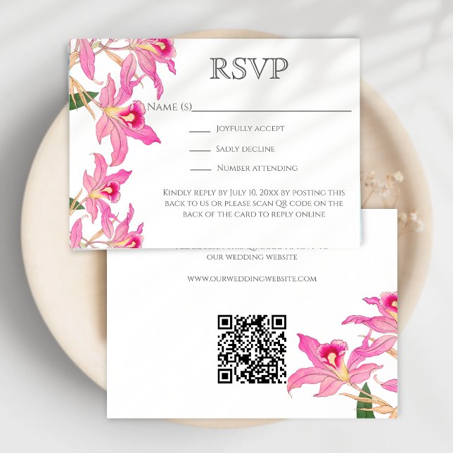 Exotic Pink Orchid Flowers Wedding QR Code Website RSVP Card (Creator Uploaded)