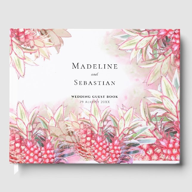 Exotic Pink Pineapples Blush Wedding Guest Book (Front)