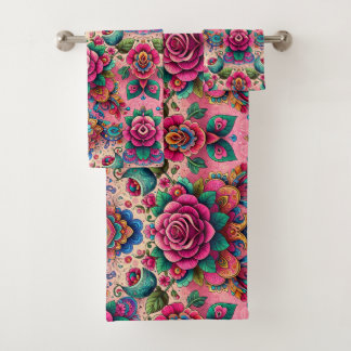 Exotic Pink Roses Design Bath Towel Set