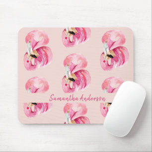 Exotic Pink Watercolor Flamingo Pattern & Name Mouse Pad