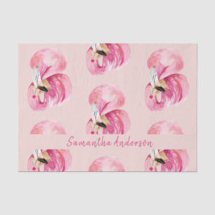 Exotic Pink Watercolor Flamingo Pattern & Name Tissue Paper
