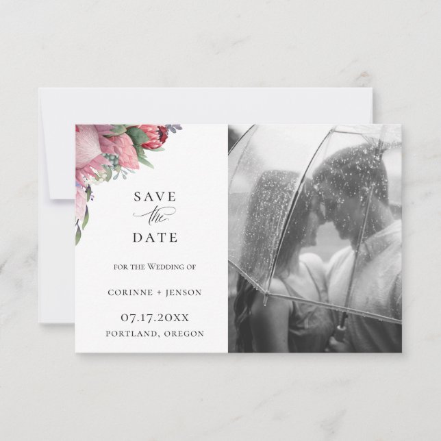 Exotic Protea Floral Photo Save The Date Announcement (Front)