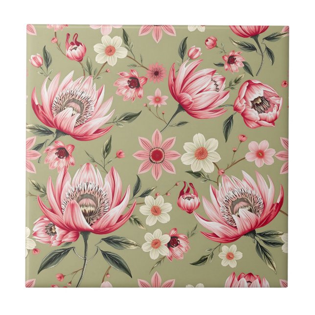 Exotic Protea Flower Botanical Sage Green Luxury  Ceramic Tile (Front)