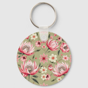 Exotic Protea Flower Botanical Sage Green Luxury Key Ring