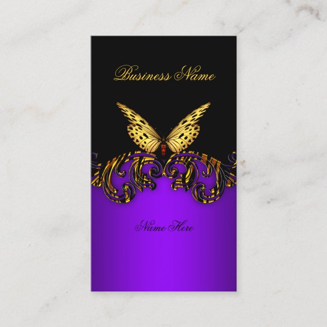 Exotic Purple Gold Black Butterfly Elegant Classy Business Card (Front)