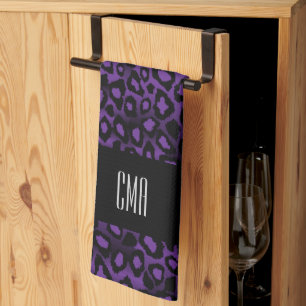 Exotic Purple Leopard Animal Pattern Monogram Tea Towel