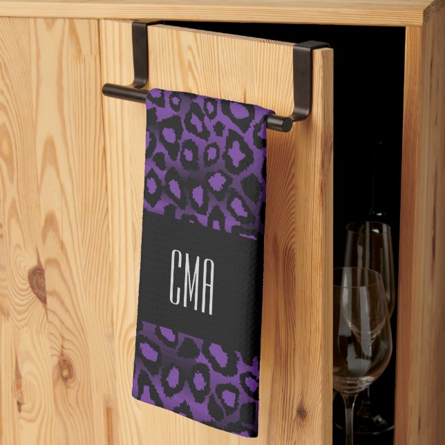 Exotic Purple Leopard Animal Pattern | Monogram Tea Towel (Thirds Fold)