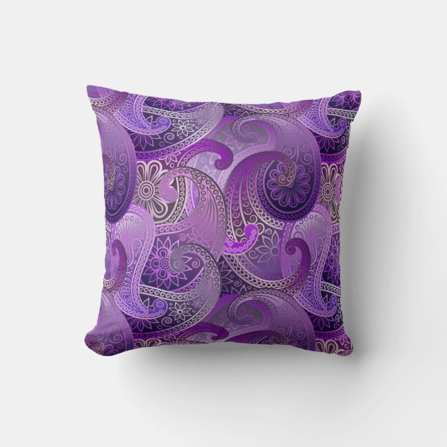 Exotic Purple Paisley Boho Damask Pattern Cushion (Front)