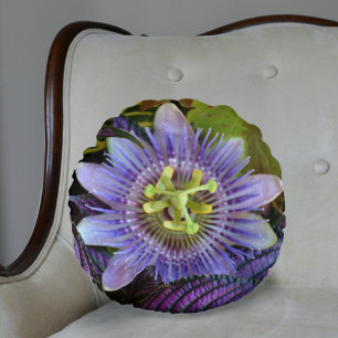 Exotic Purple Passiflora Passion Flower Botanical Round Cushion