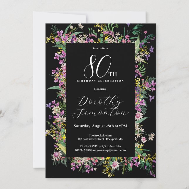 Exotic Purple Pink Yellow Wildflower 80th Birthday Invitation (Front)