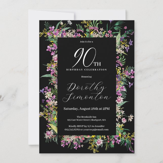 Exotic Purple Pink Yellow Wildflower 90th Birthday Invitation (Front)