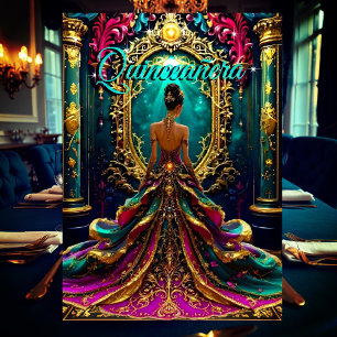 Exotic Quinceanera 15th Birthday Teal Gold Magical Invitation