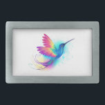 Exotic Rainbow Hummingbird Belt Buckle<br><div class="desc">Bright,  iridescent,  exotic flying hummingbird on  white background,  painted over with multicolor,  watercolor paint. Rainbow hummingbird.</div>