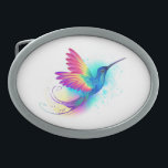 Exotic Rainbow Hummingbird Belt Buckle<br><div class="desc">Bright,  iridescent,  exotic flying hummingbird on  white background,  painted over with multicolor,  watercolor paint. Rainbow hummingbird.</div>