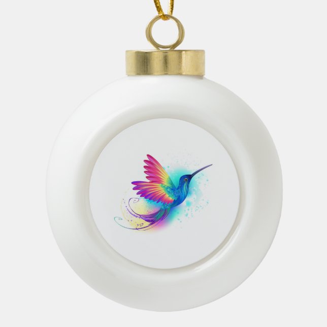 Exotic Rainbow Hummingbird Ceramic Ball Christmas Ornament (Front)