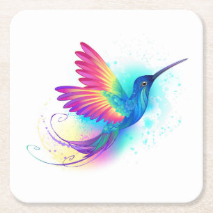 Exotic Rainbow Hummingbird Square Paper Coaster