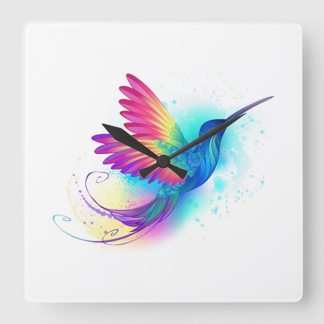 Exotic Rainbow Hummingbird Square Wall Clock (Front)