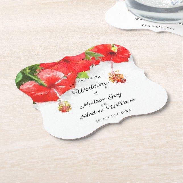 Exotic Red Hibiscus Flower Art Wedding Paper Coaster (Angled)
