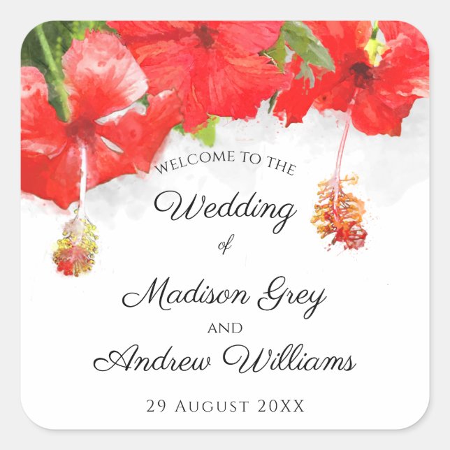 Exotic Red Hibiscus Flower Art Wedding Square Sticker (Front)