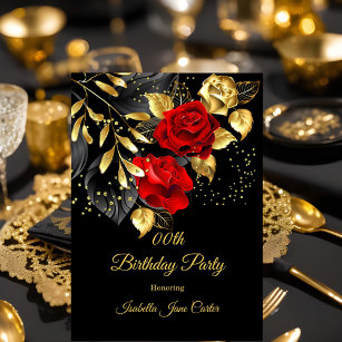 Exotic Red Rose Black Floral Gold Birthday Party Invitation