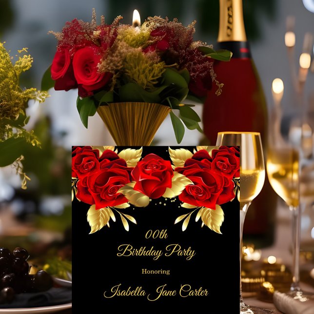 Exotic Red Rose Black Floral Golden Birthday Party Invitation (Creator Uploaded)