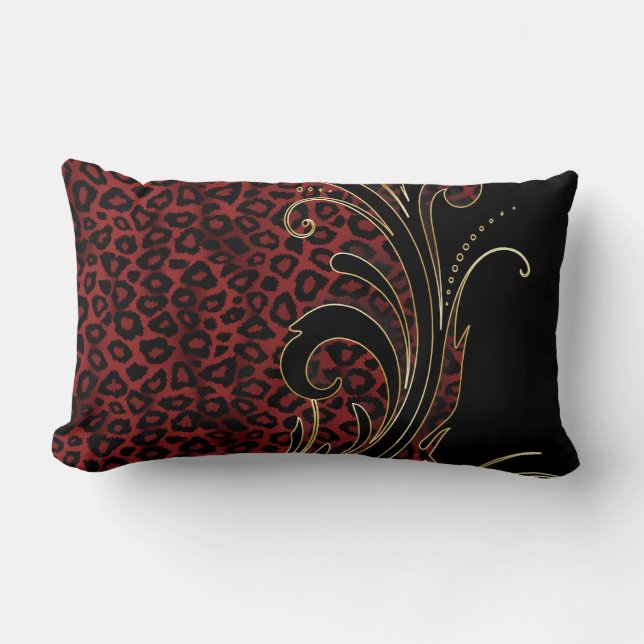 Exotic Rich Dark Red Leopard Animal Pattern Lumbar Cushion (Front)
