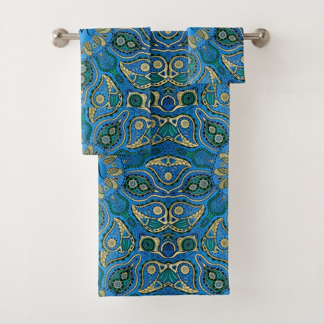Exotic Royal Blue and Gold Monogram Mandala Bath Towel Set (Insitu)