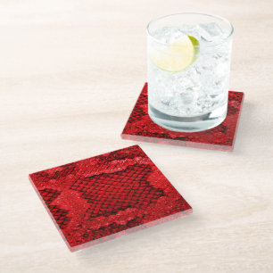 Exotic snake skin animal print pattern modern red glass coaster