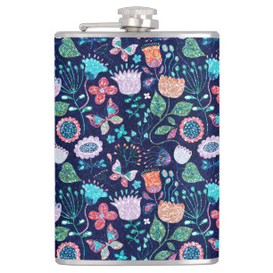 Exotic sparkling flowers and butterflies pattern hip flask
