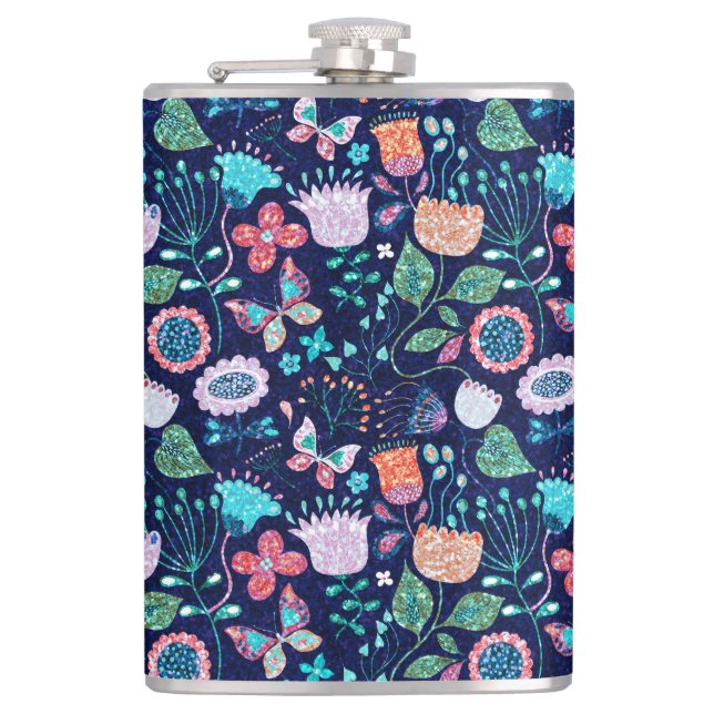 Exotic sparkling flowers and butterflies pattern hip flask (Front)