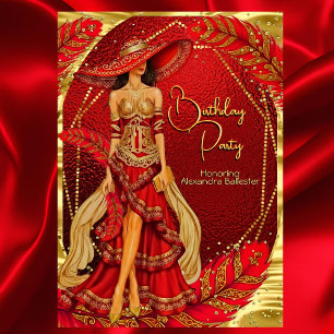 Exotic Stunning Red Gold Dress Feather Birthday Invitation