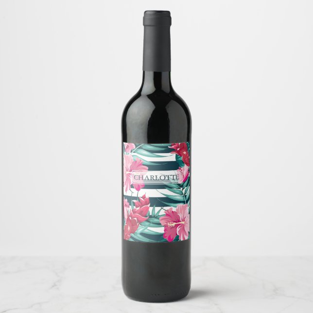 Exotic Summer Floral monogram striped Wine Label (Front)