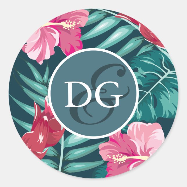 Exotic Summer Flowers Monogram Classic Round Sticker (Front)