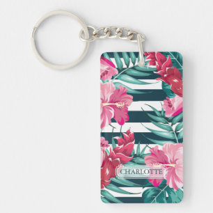 Exotic Summer Flowers Monogram striped Key Ring