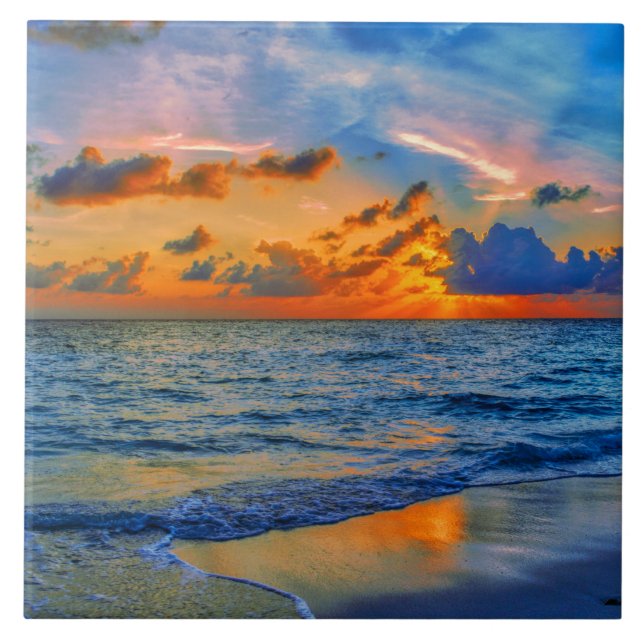 Exotic Sunset Beach Sea Ceramic Tile (Front)