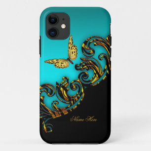 Exotic Teal Blue Gold Black Butterfly iPhone 11 Case