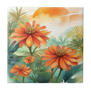 Exotic Tithonia Tropical Watercolor Ceramic Tile