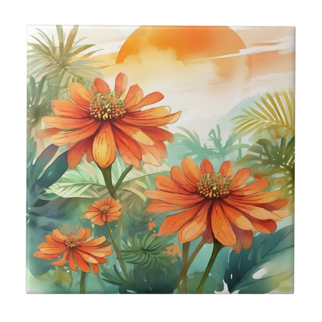 Exotic Tithonia Tropical Watercolor Ceramic Tile (Front)