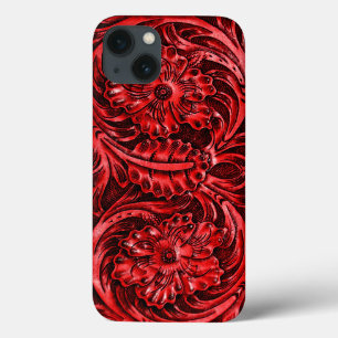 Exotic Tooled Leather Look   red iPhone 13 Case