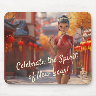 Exotic Toon Girl Celebrating Chinese New Year Mouse Pad